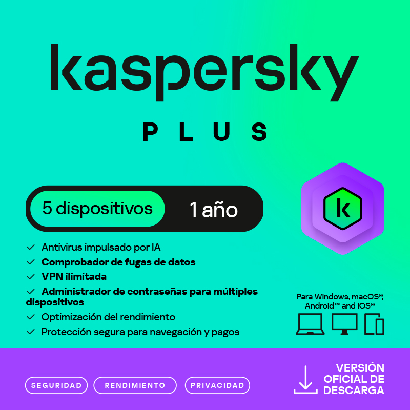 Antivirus Kaspersky Plus, para 3 PCs, Lic 1 año, Producto Virtual.