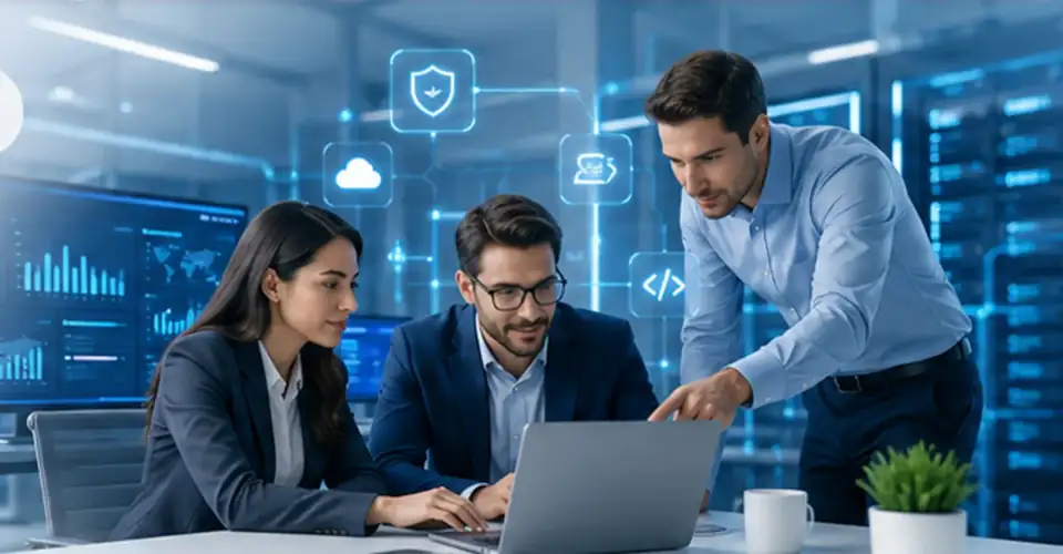 Equipo profesional trabajando en soluciones tecnológicas empresariales