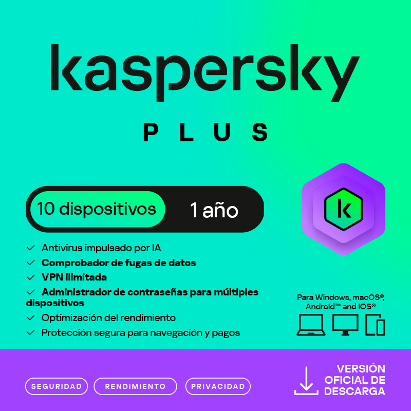 Antivirus Kaspersky Plus, para 10 PCs, Lic 1 año, Producto Virtual., miniatura 1