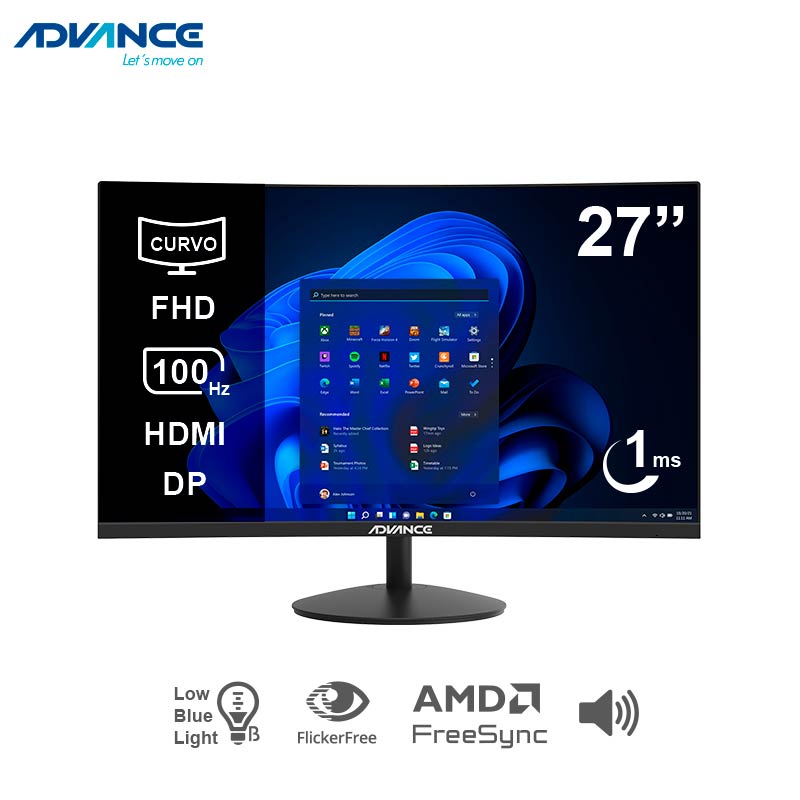 Monitor curvo ADVANCE ADV-2751S, 27 FHD VA, 100Hz, 1ms, HDMI, DP, Audio out, Parlantes, miniatura 2