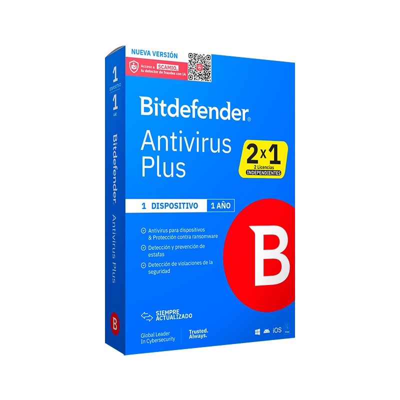 Bitdefender Antivirus Plus - (2 Licencias Independientes x 1) Para un dispositivo x 1 año, miniatura 1
