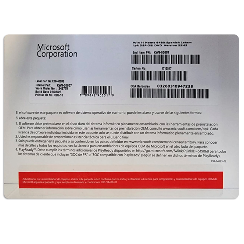 Sistema Operativo Microsoft Windows Home 11, 64 bits, español, 1pk, DSP OEM DVD., miniatura 1