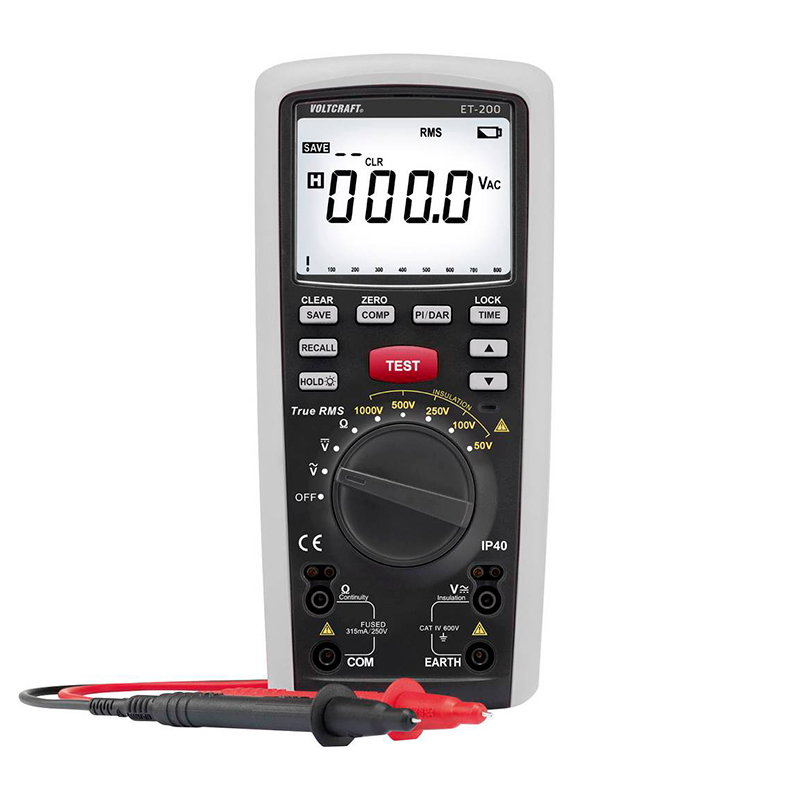 Tester de Aislamiento Digital (Megaóhmetro) VOLTCRAFT ET-200 50V/100V/250V/500V/1000V/20GΩ, miniatura 1