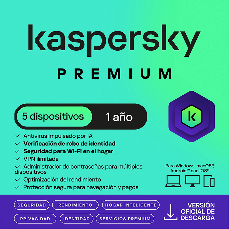 Antivirus Kaspersky Premium, para 5 PCs, Lic 1 año, Producto Virtual., miniatura 1