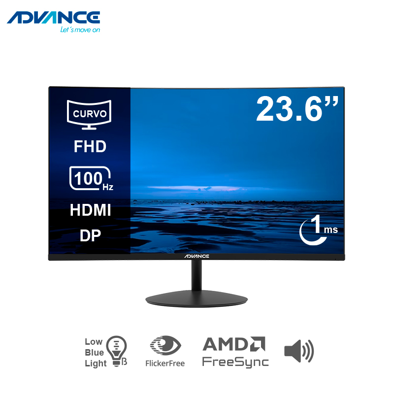 Monitor Curvo Advance ADV-2452S, 23.6 FHD VA, 100Hz, 1ms, HDMI, DP, Parlante, Negro, miniatura 3
